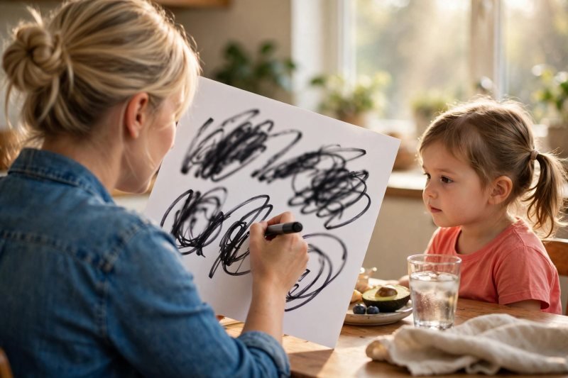 A mother drawing large worksheet letters while her young daughter watches.