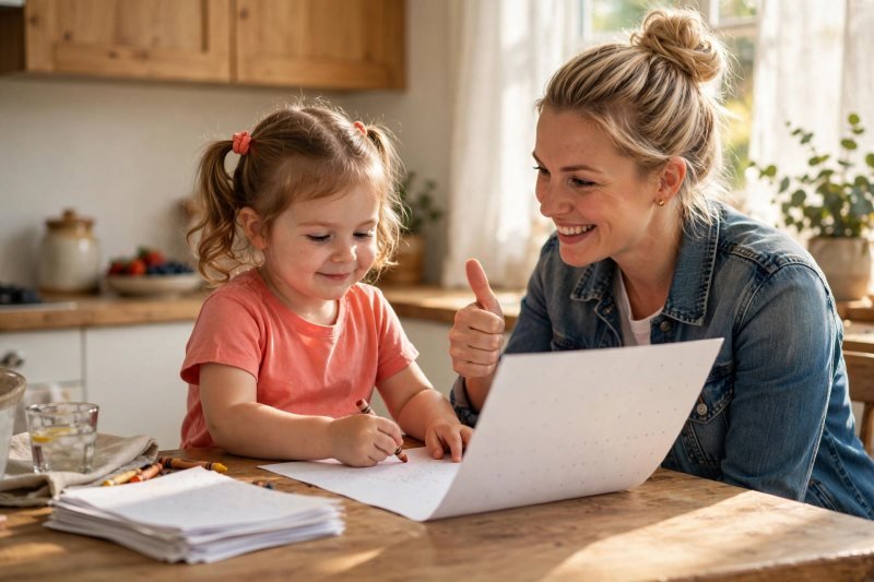 A confident girl writing on a nearly blank worksheet, mother giving thumbs-up.