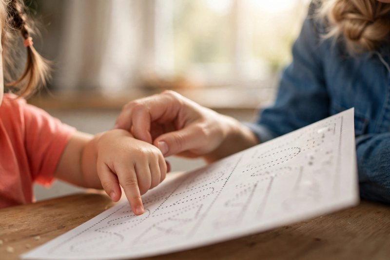 A preschooler's finger tracing a dotted worksheet as her mother guides.