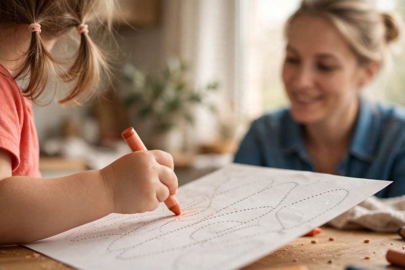 Small hands gripping a chunky crayon over a dotted tracing worksheet.