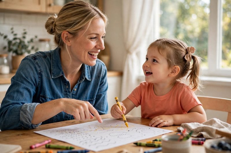 A mother pointing at a worksheet while her daughter traces and says letters.