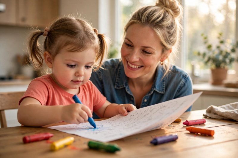 A girl re-tracing her worksheet with a different coloured crayon.