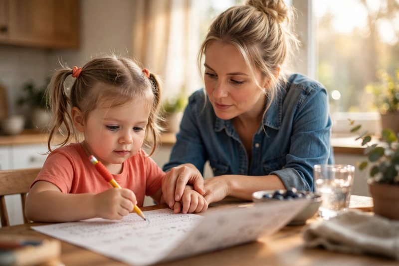 A child tracing dotted letters with a pencil, mother's hand guiding gently.