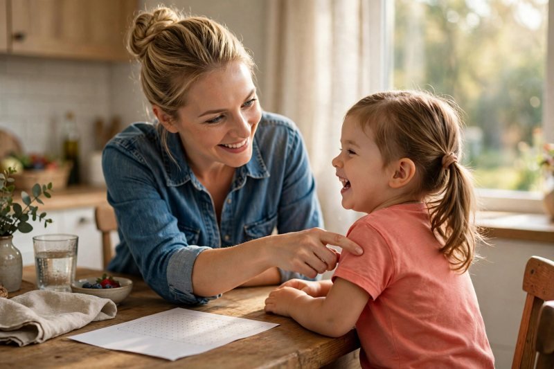A mother tracing a letter on her giggling daughter's back.