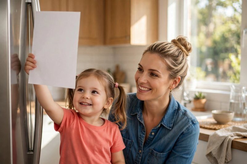A proud girl holding up her finished worksheet toward the fridge.
