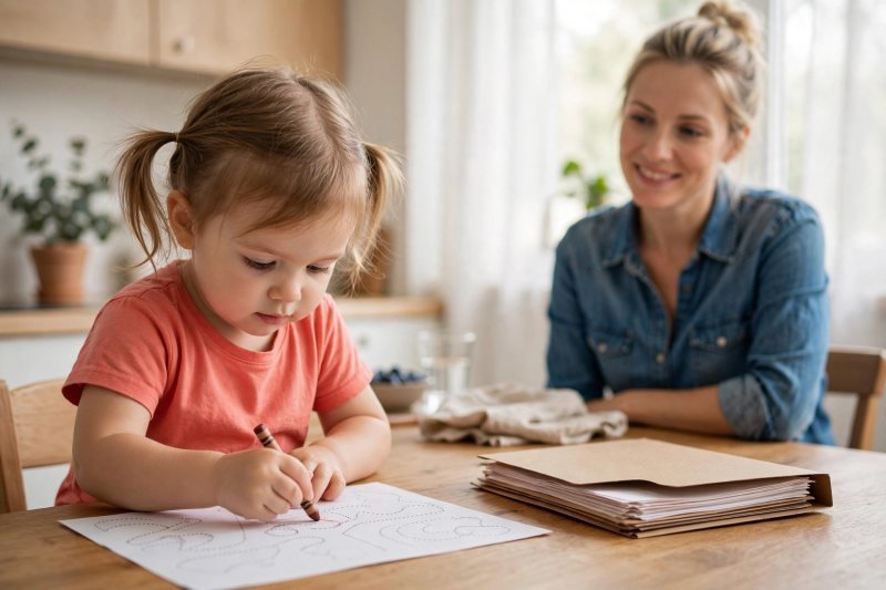 A girl tracing her worksheet alone while her mother watches nearby.