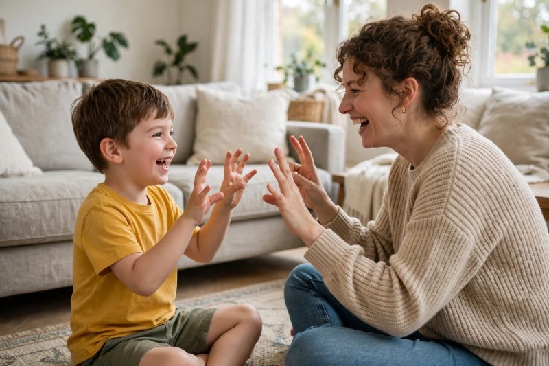 Mother and five-year-old boy holding up fingers for a counting game in the living room