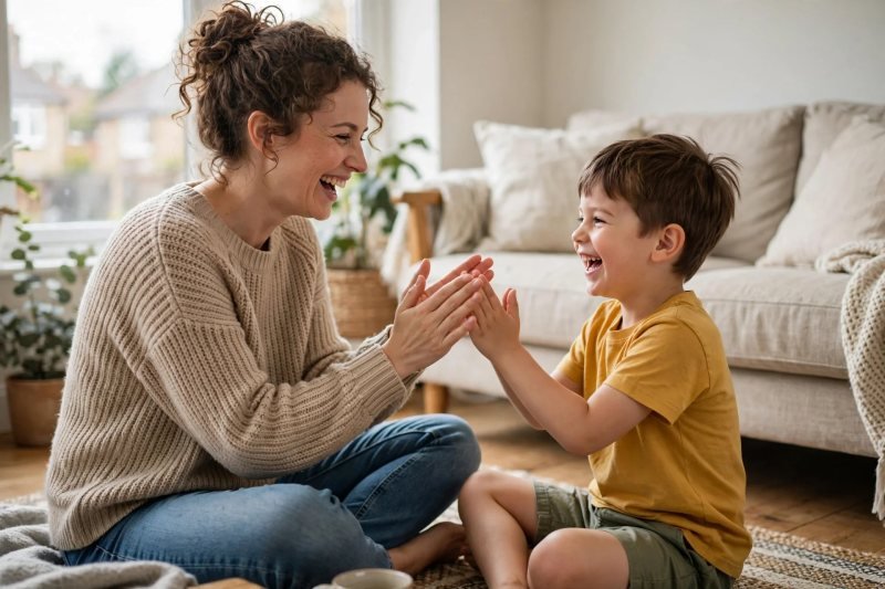 Mother and boy laughing while playing a clapping hand game on the rug