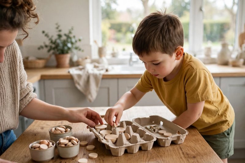 Boy placing wooden counters into a cardboard egg box on the kitchen table