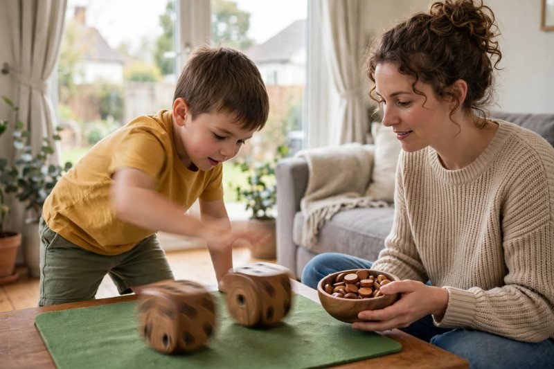 Boy rolling two blurred wooden dice on a play mat while his mother watches nearby
