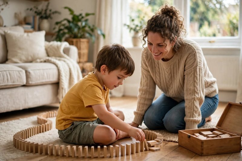Boy laying wooden dominoes in a snake line on the living-room floor with his mother
