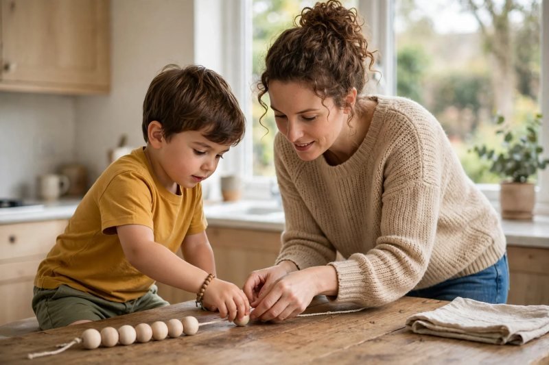 Boy sliding wooden beads onto a cord bracelet at the kitchen table beside his mother