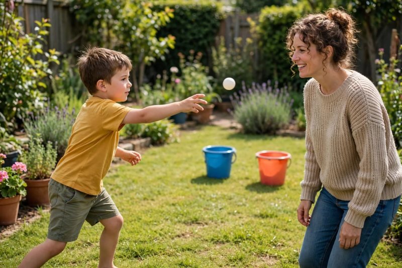 Boy tossing a ping-pong ball towards two colourful buckets on the garden lawn