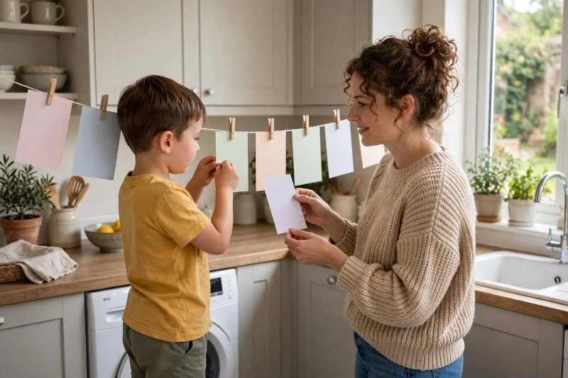 Boy pegging blank pastel cards onto a string washing line in the kitchen