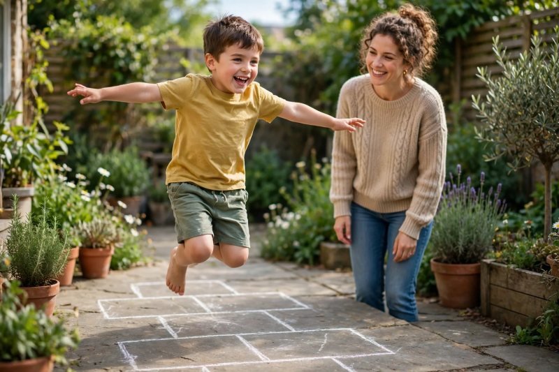 Boy hopping joyfully along a chalk hopscotch course on the garden patio