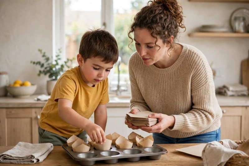 Boy placing paper bun cases into a muffin tray in the kitchen with his mother
