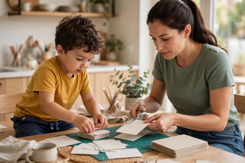 Mother cutting blank cardstock with scissors while Milo sorts cards at a sunny kitchen table