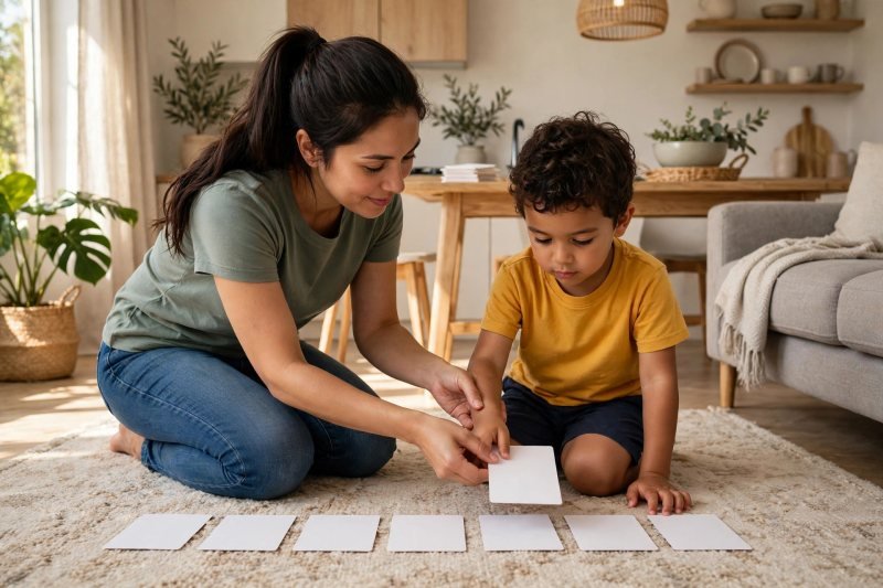 Mother guiding Milo's hand placing blank cards in a row on the living room rug
