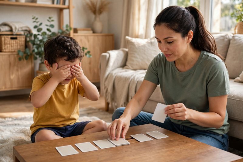 Milo covering his eyes while mother lifts a card from the row, gap visible