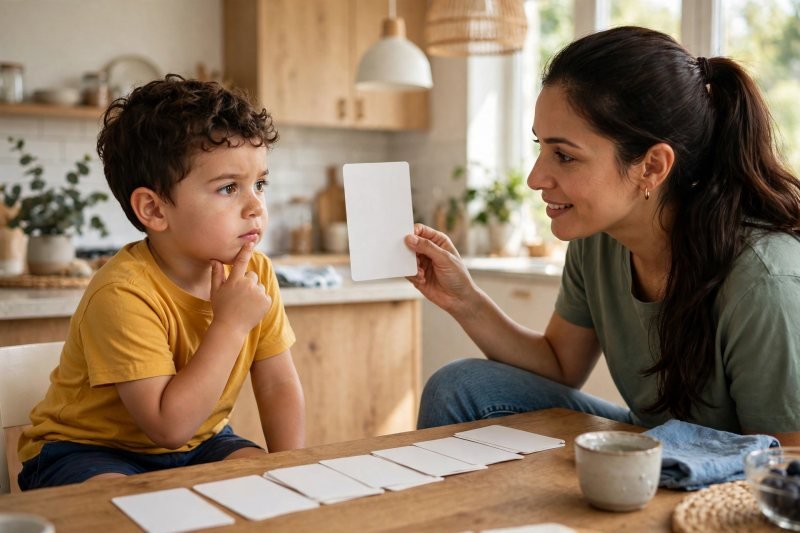 Mother holding up a blank card quiz-show style while Milo thinks, finger on chin