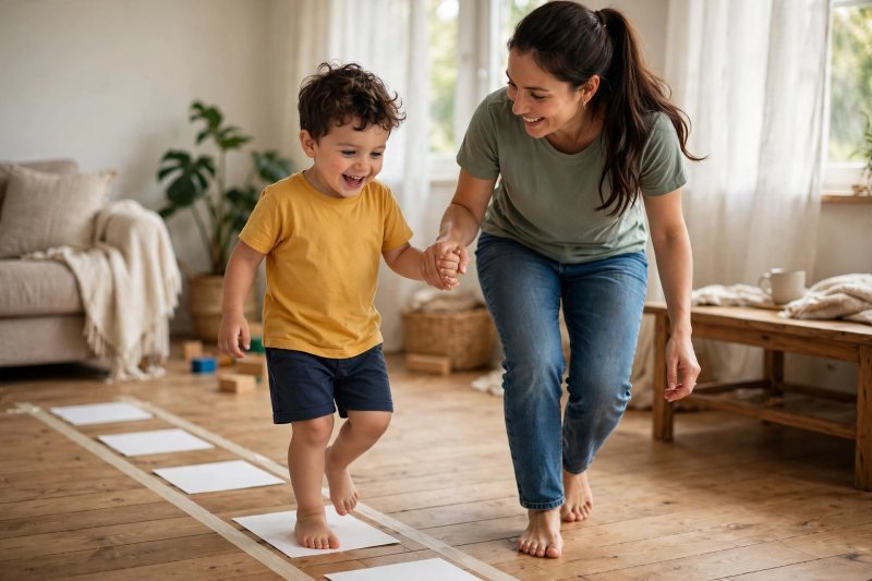 Giggling Milo stepping barefoot along a floor tape line, holding his mother's hand