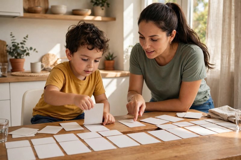 Milo flipping a mystery card in the long row on the table while his mother points
