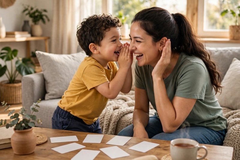 Milo whispering his secret guess into his mother's ear, both laughing