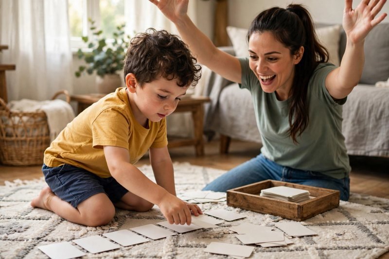Milo sorting shuffled cards into a row on the rug, mother cheering with raised arms