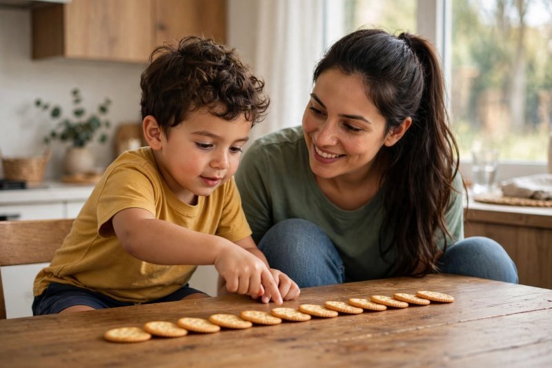 Milo pointing at a cracker in the long row on the kitchen table, mother smiling