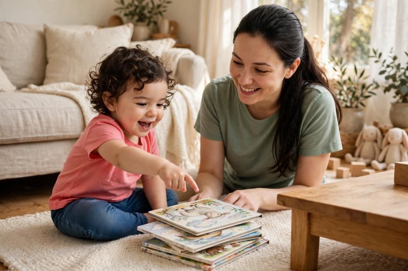 Toddler pointing at her favorite nursery rhyme book beside her mother