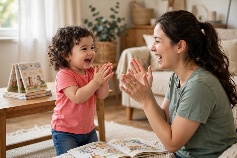 Toddler clapping with delight as her mother restarts the nursery rhyme