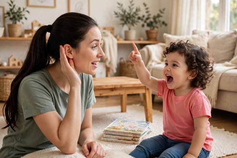 Mother pausing mid-song while her toddler shouts the missing nursery rhyme word