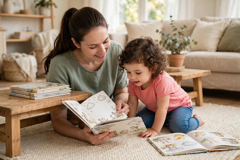 Mother opening a new nursery rhyme book for her toddler on the rug