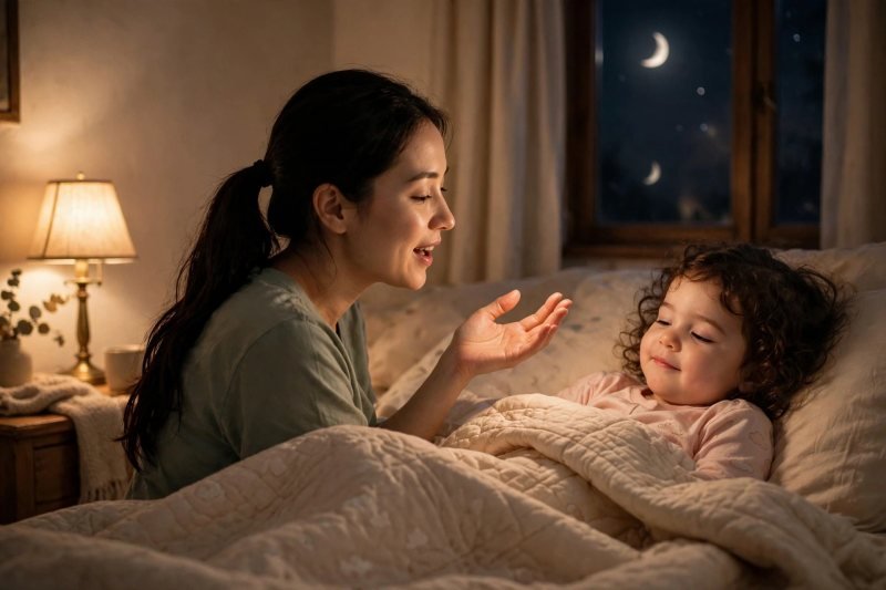 Mother singing a bedtime nursery rhyme softly to her sleepy toddler