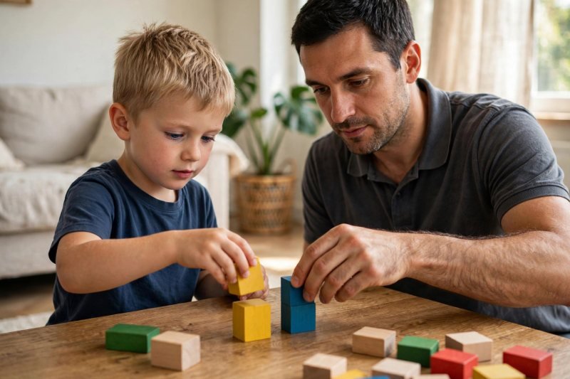 Father and son building a small wooden block tower together at a coffee table