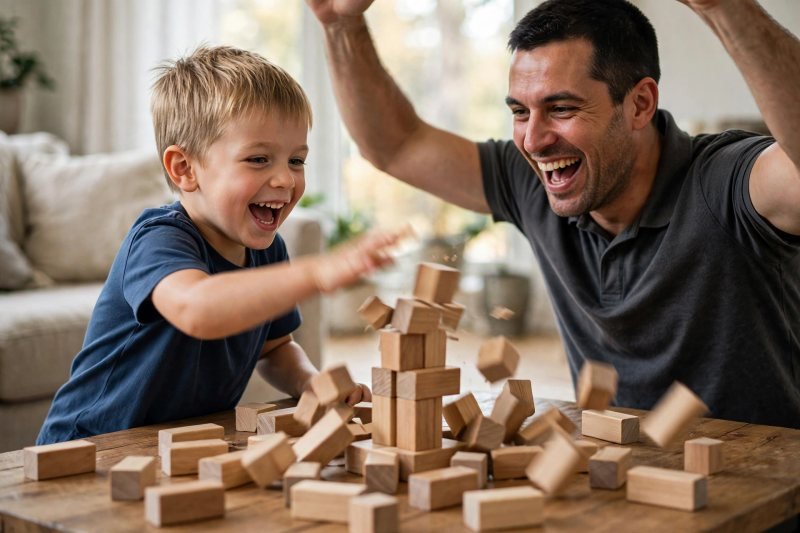 Cheering boy knocking down a block tower while his father celebrates beside him