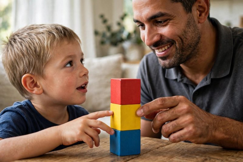 Boy touching each block while counting a three-block tower with his father