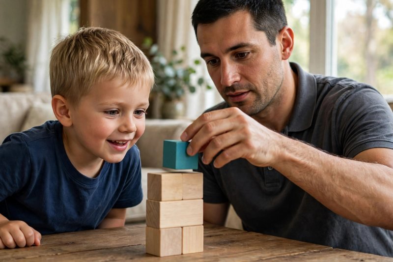 Father adding one more block to a tower while his son watches delighted