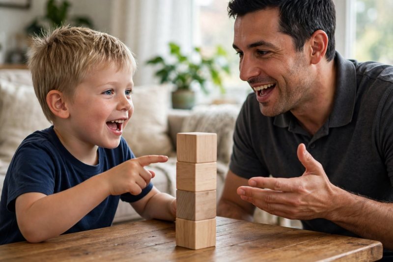 Boy and father chanting a number sentence together beside a four-block tower