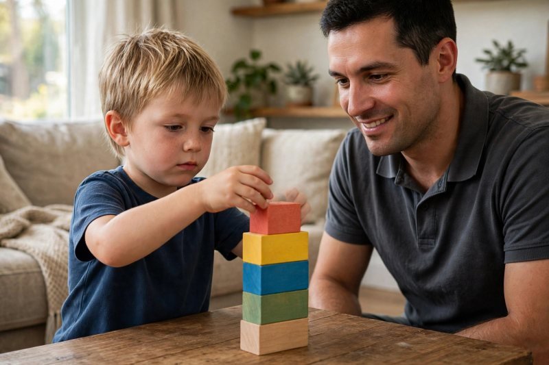 Boy placing one more block on a tower during his turn in the counting game