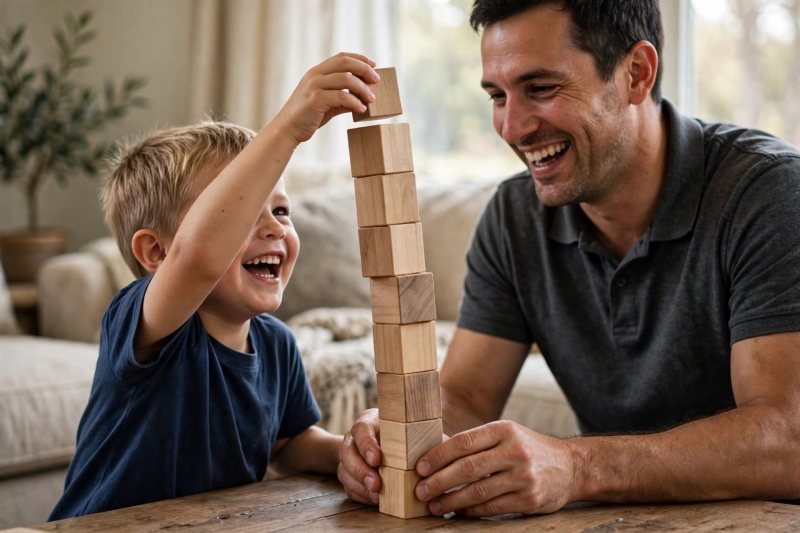 Boy adding a block to a tall tower while his father steadies its base