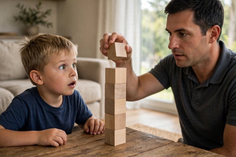 Father lifting one block off a tall tower as his son watches amazed