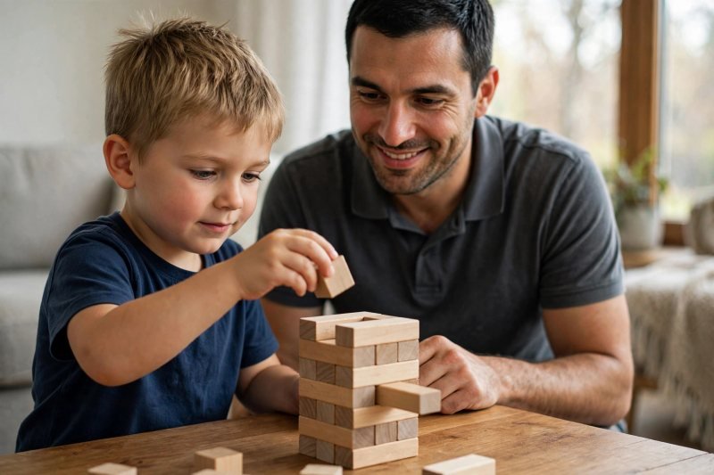 Boy removing one block from a tower while his father watches with approval