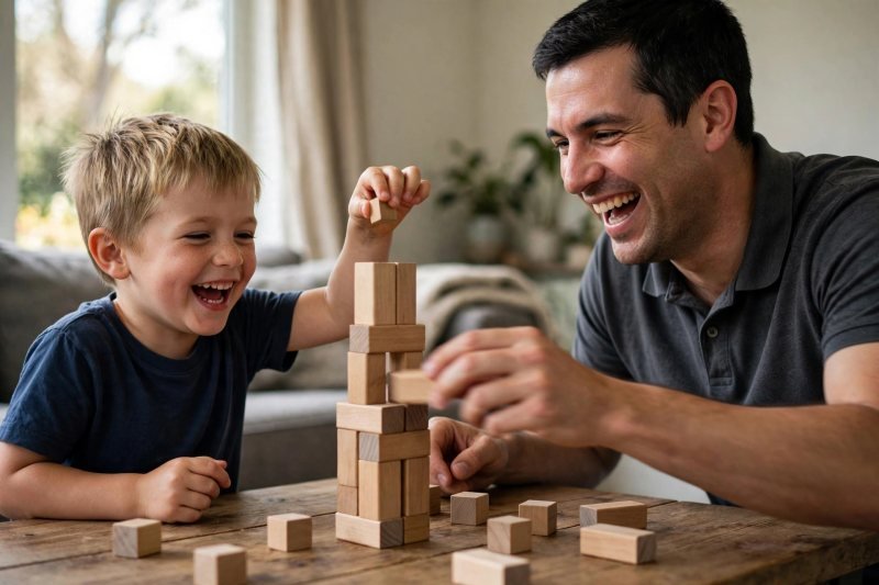 Boy adding and father removing blocks in a playful back-and-forth counting game