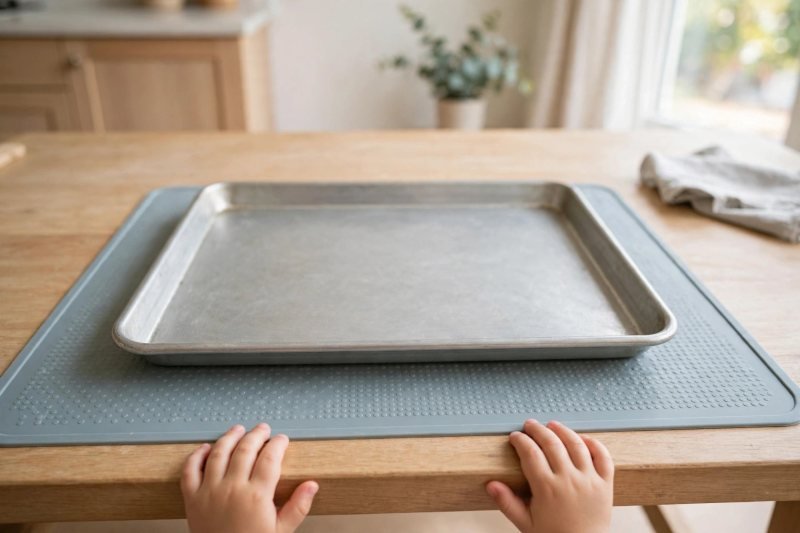 Empty baking tray on a wipeable mat ready for messy oobleck play