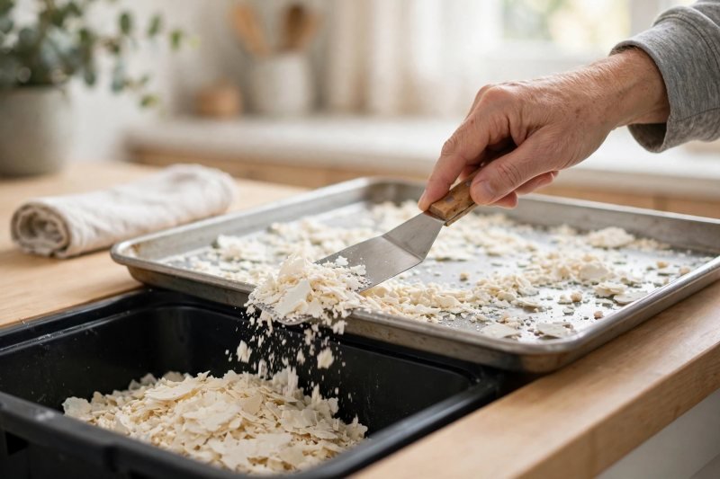 Adult scraping dried oobleck flakes into a kitchen bin, never down the drain