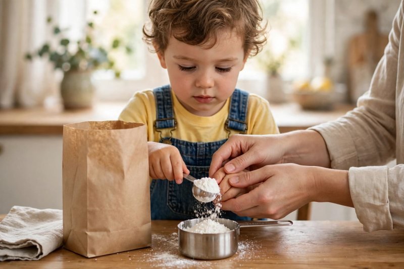 Child scooping cornflour into a measuring cup guided by a parent's hands