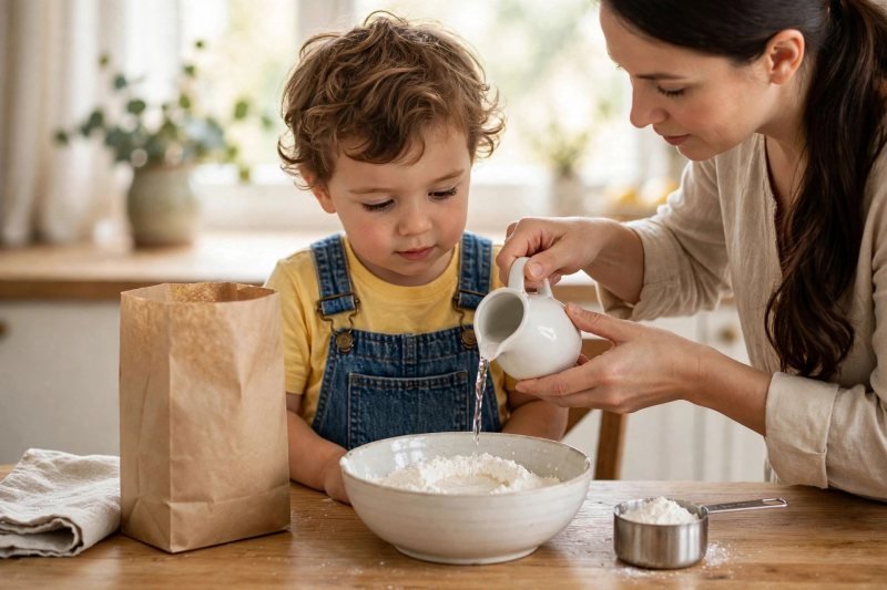 Mother pouring water from a jug into cornflour while child watches closely