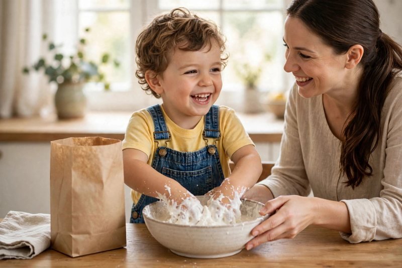 Boy grinning while squishing oobleck with both hands in a bowl