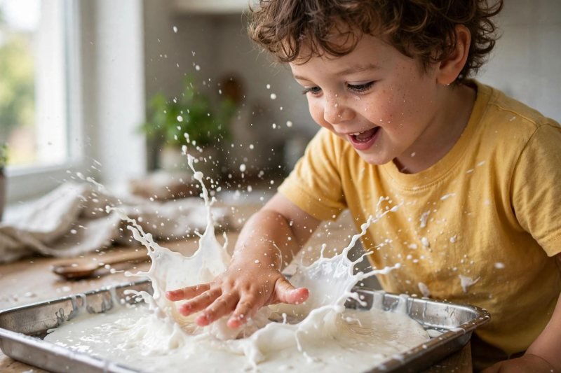 Child slapping oobleck with a flat hand, goo splashing up around it